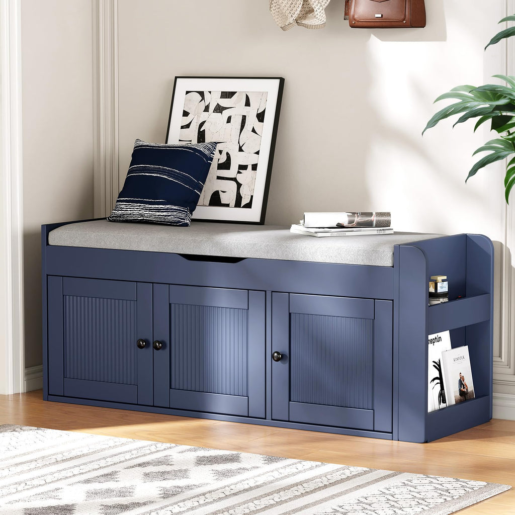 42.6" Storage Bench - Entryway Shoe Bench with Side Storage Shelves and 3 Doors, Multifunctional Entryway Bench with Lift Top Cushion, Shoe Storage Bench for Bedroom, Living Room, Blue