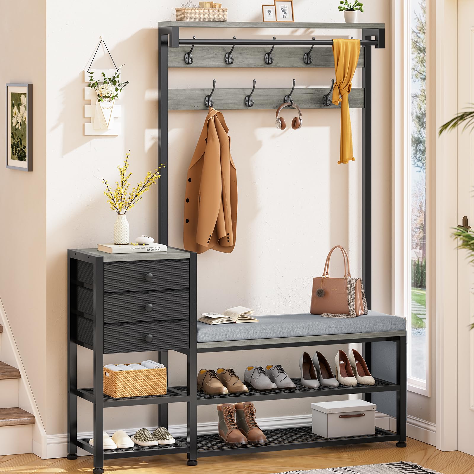 Itaar Coat Rack, Hall Tree with Bench and Shoe Storage, 7-in-1 Entryway Bench with Soft Cushion, Storage Bag, 3 Fabric Drawers(Rustic Brown)