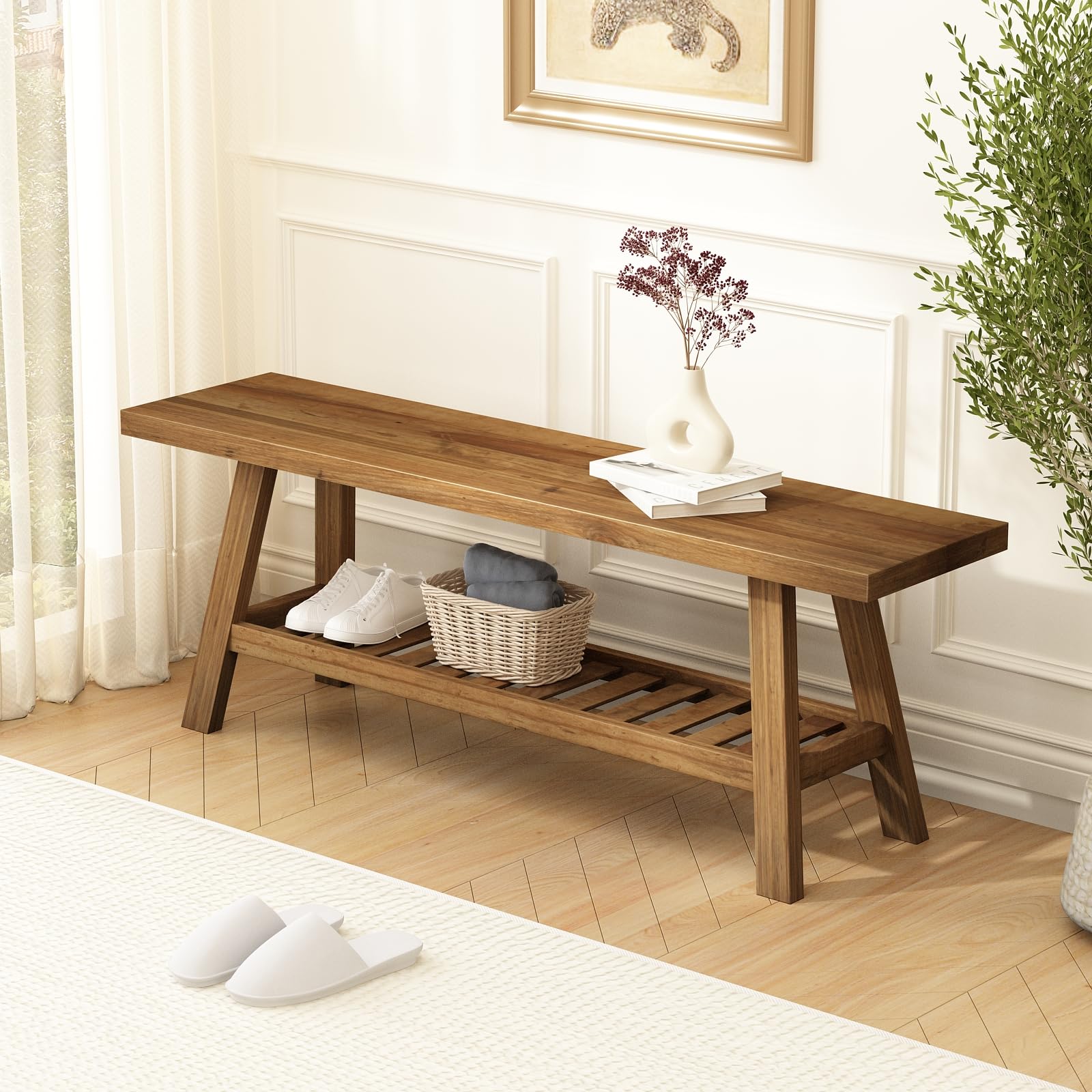 HOKYHOKY Reclaimed Solid Wood Bench-55 Inches Farmhouse Entryway Bench with Storage Shelf, Narrow Rustic Bench for Hallway, Kitchen, Bedroom, Dining