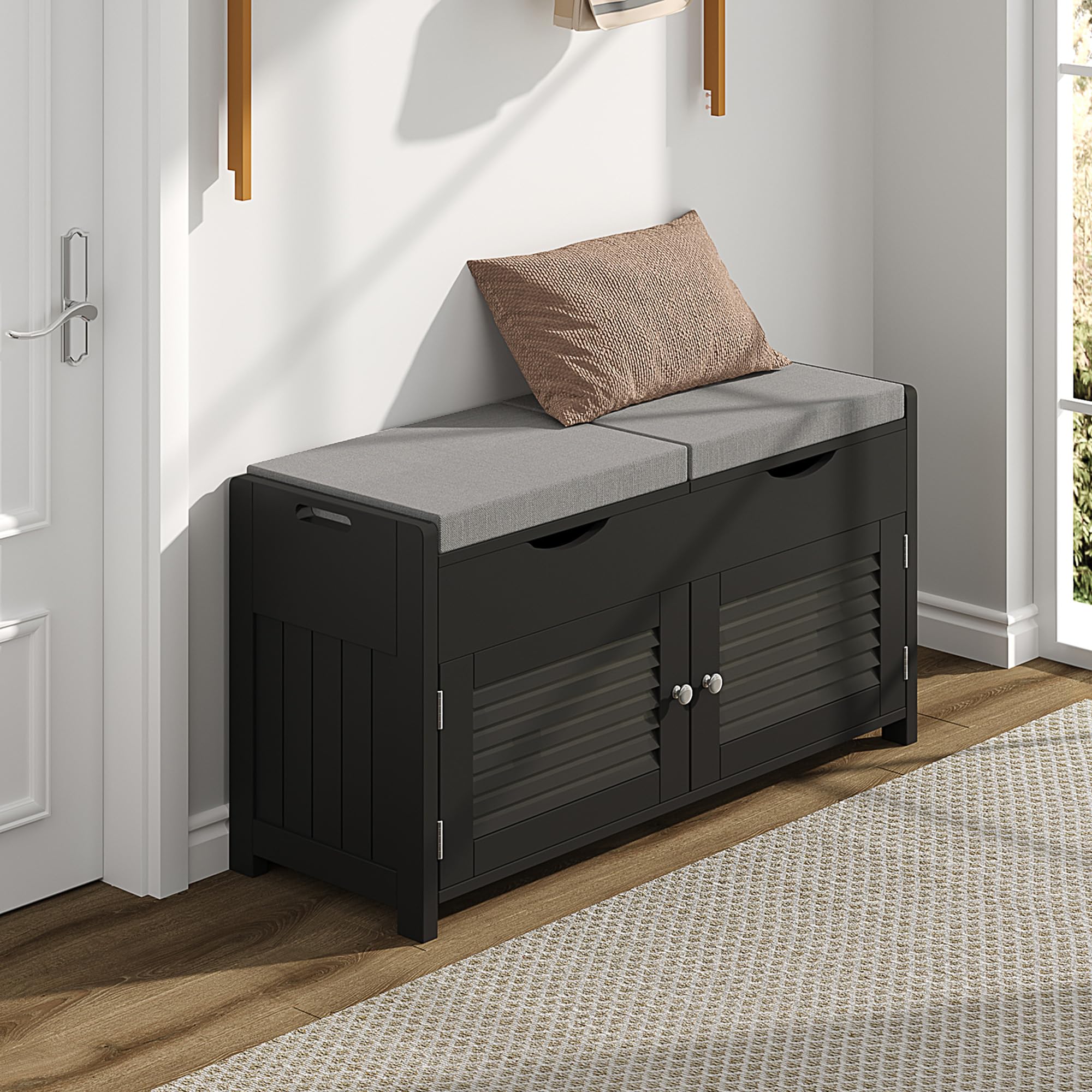 ChooChoo Shoe Storage Bench with Lift Top Storage, Entryway Bench with 2 Cushioned Seats, 3 Compartments, Adjustable Shelf, Shoe Cabinet for Entryway, Bedroom, Living Room, White