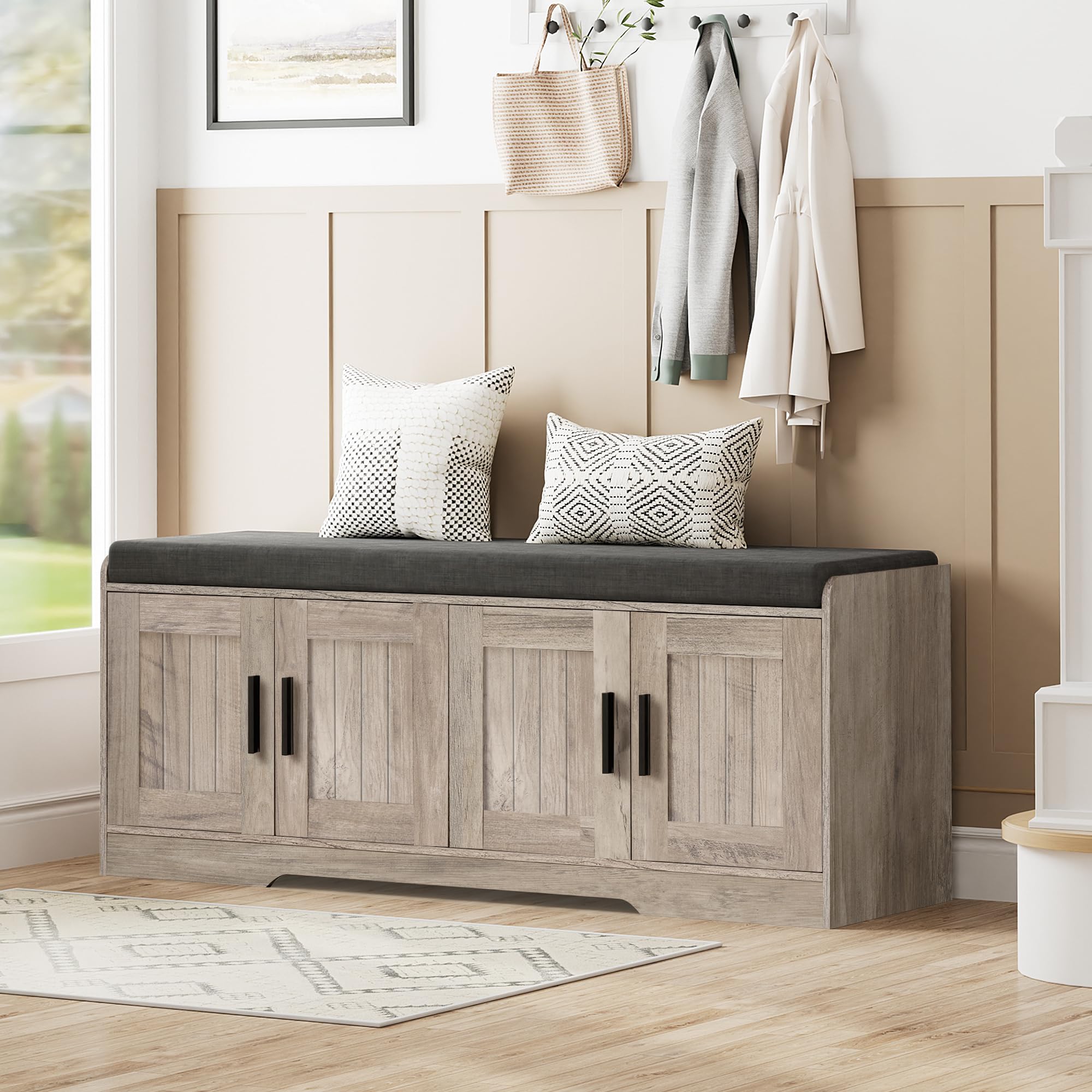 Homleke 2-Tier Storage Bench, Shoe Bench with Thickened Padded Seat Cushion, Entryway Bench with 2 Doors, Adjustable Shelf, 13.8" D x 37.4" W x 18.5" H, for Entryway, Living Room, Bedroom, White