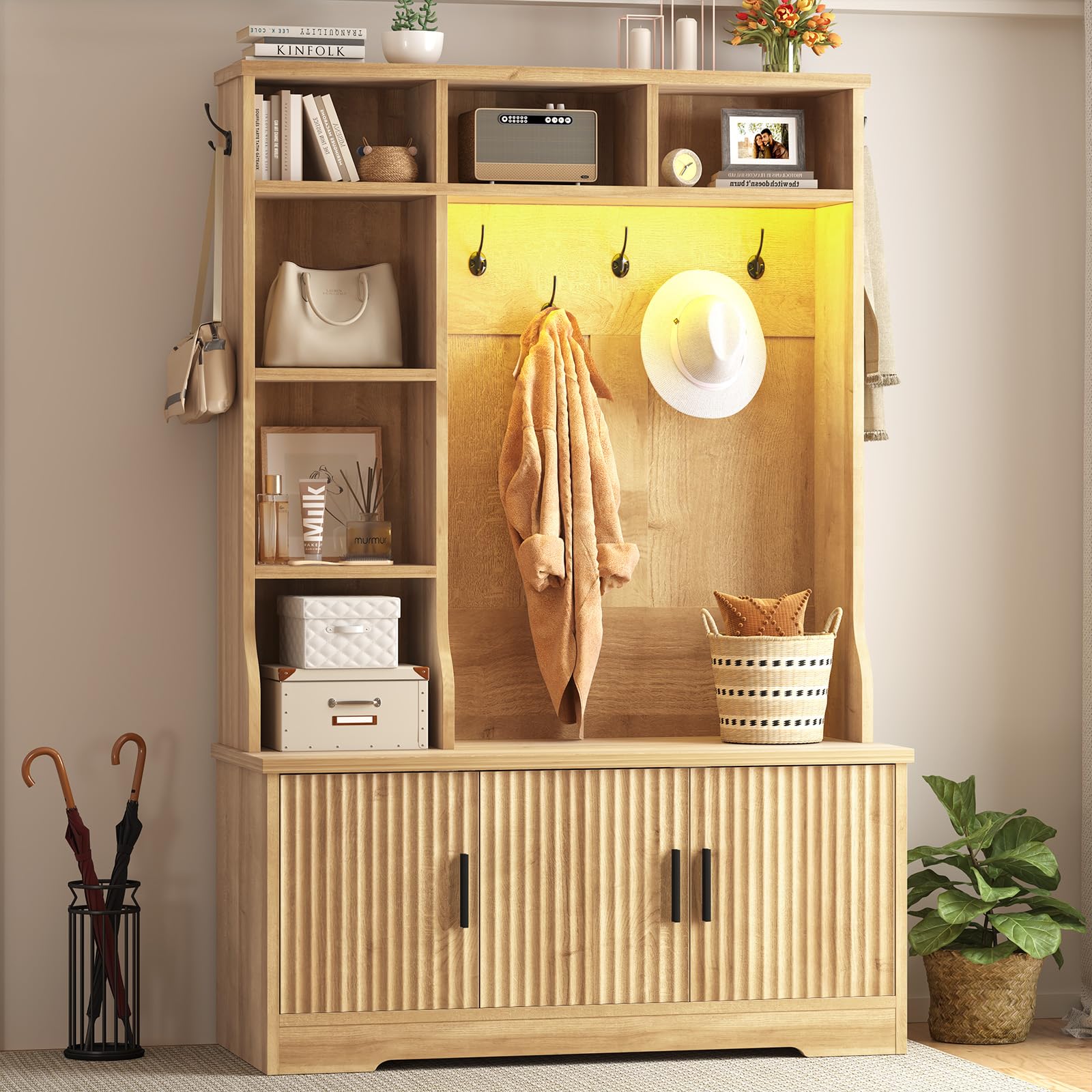 CSZZD Hall Tree with Bench and Shoe Storage, Farmhouse Entryway Bench with Coat Racks and Led Lights, Tall Hall Tree with 7 Coat Hooks, 6 Storage Cubbies, Adjustable Shelf