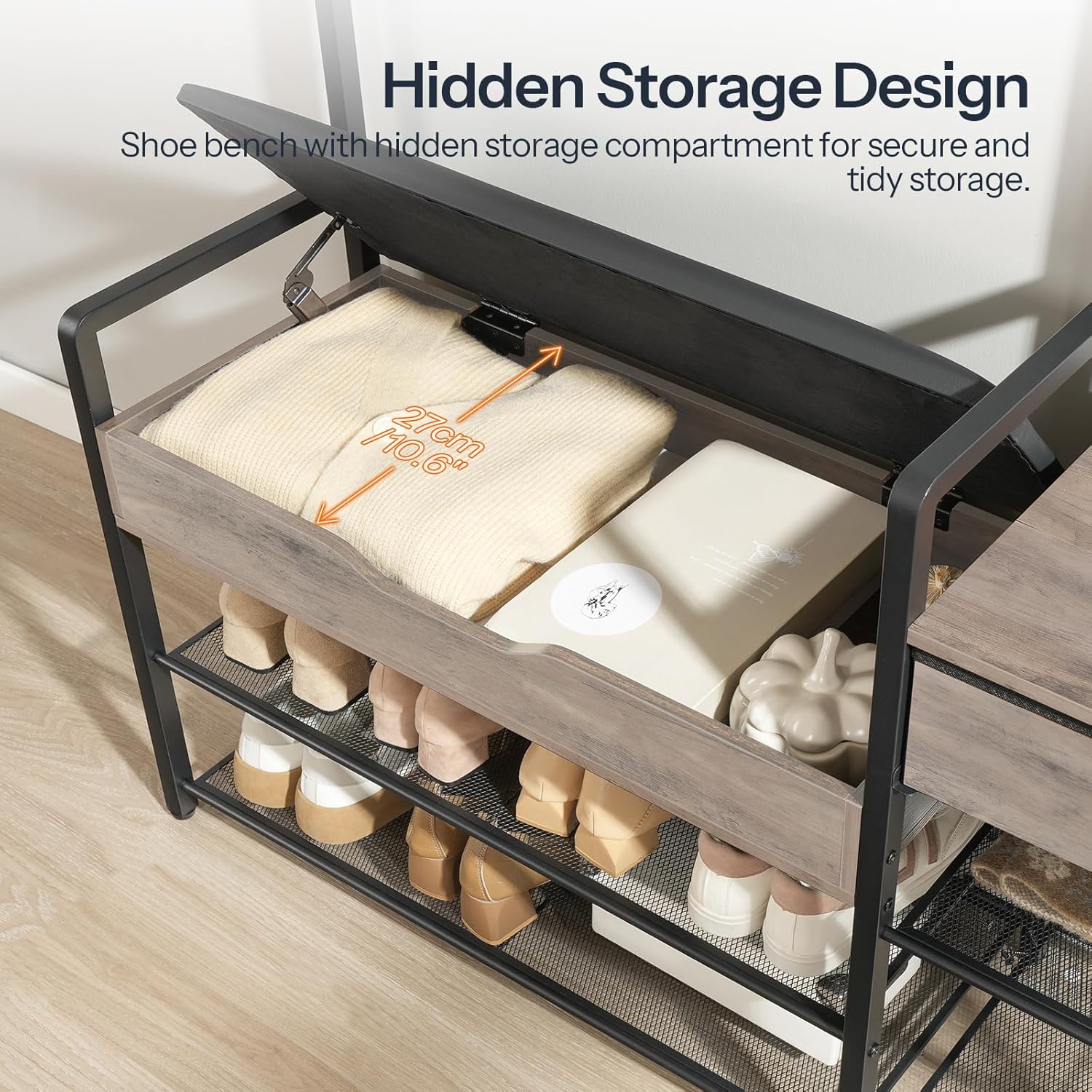 HOOBRO Hall Tree with Bench, Shoe and Coat Rack for Entryway, Coat Rack with Bench, Flip Top Storage Box, PU Cushioned Seat, Non-Woven Fabric Drawer, for Entrance, Greige and Black BG110MT01