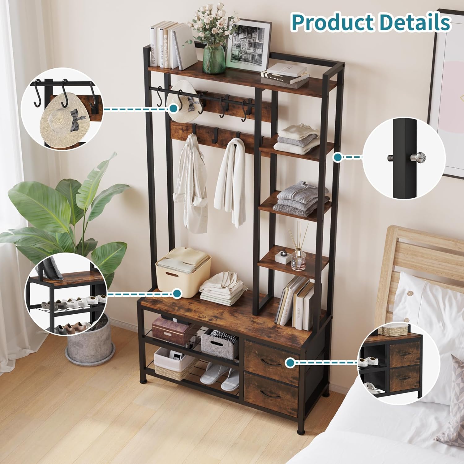 LUMTOK Hall Tree with Bench Storage and Shoes Storage, Hall Tree with Drawers and Shelves for Bedroom, 6-in-1 Entryway Organizer with Shelves, Living Room, Entryway, Closets (Rustic Brown)