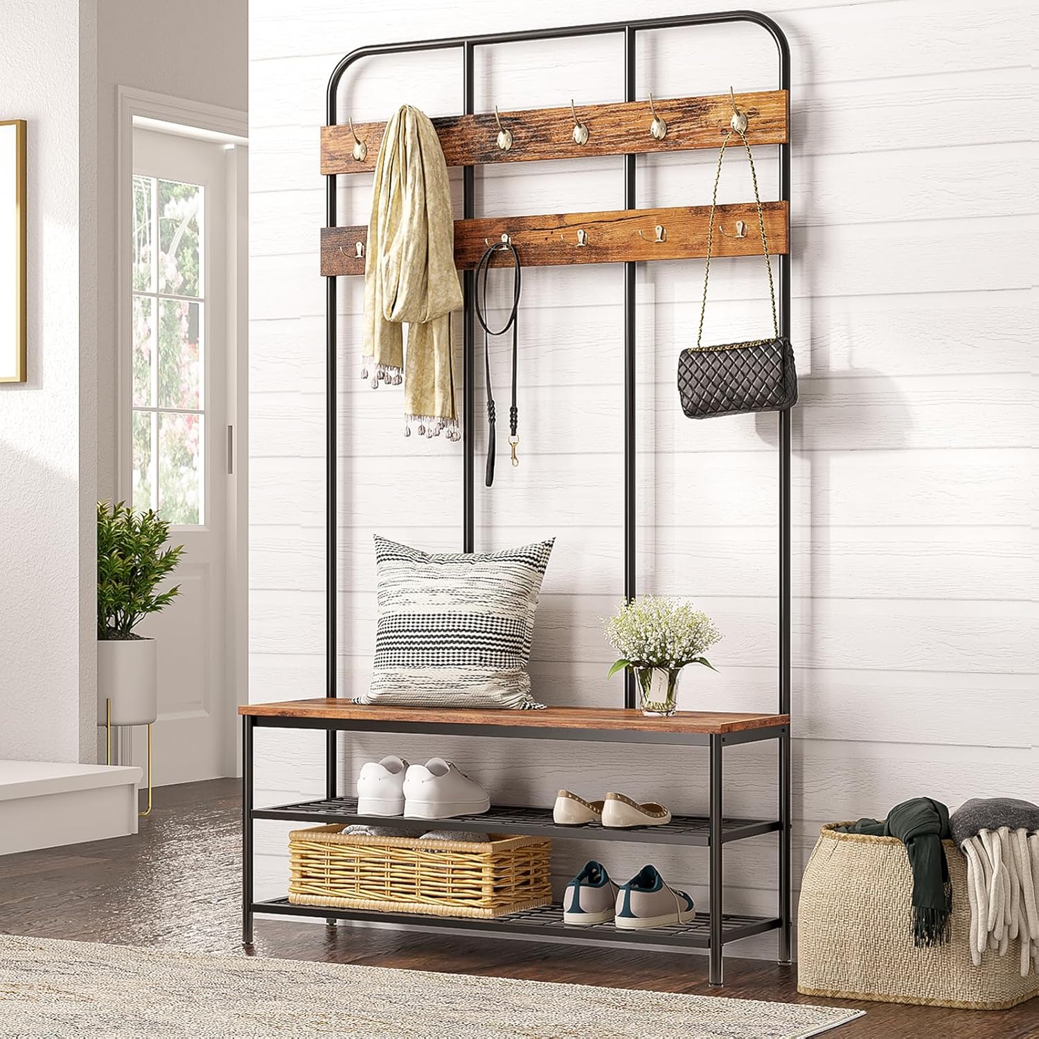 HOOBRO Hall Tree with Bench, Entryway Bench with Coat Rack, Mud Room Rack with 12 Double Hooks and Shoe Storage, Coat Tree, Shoe Rack Organizer, for Foyer, Front Door, Rustic Brown BF05MT01