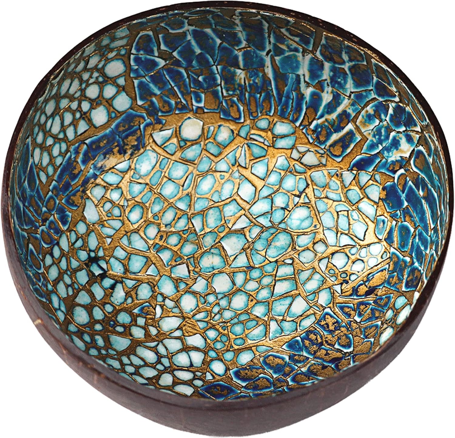 ChezMax Natural Coconut Bowl with Mother of Pearl Inlays - Key Bowl & Fruit Snack Holder (Blue-Gold)