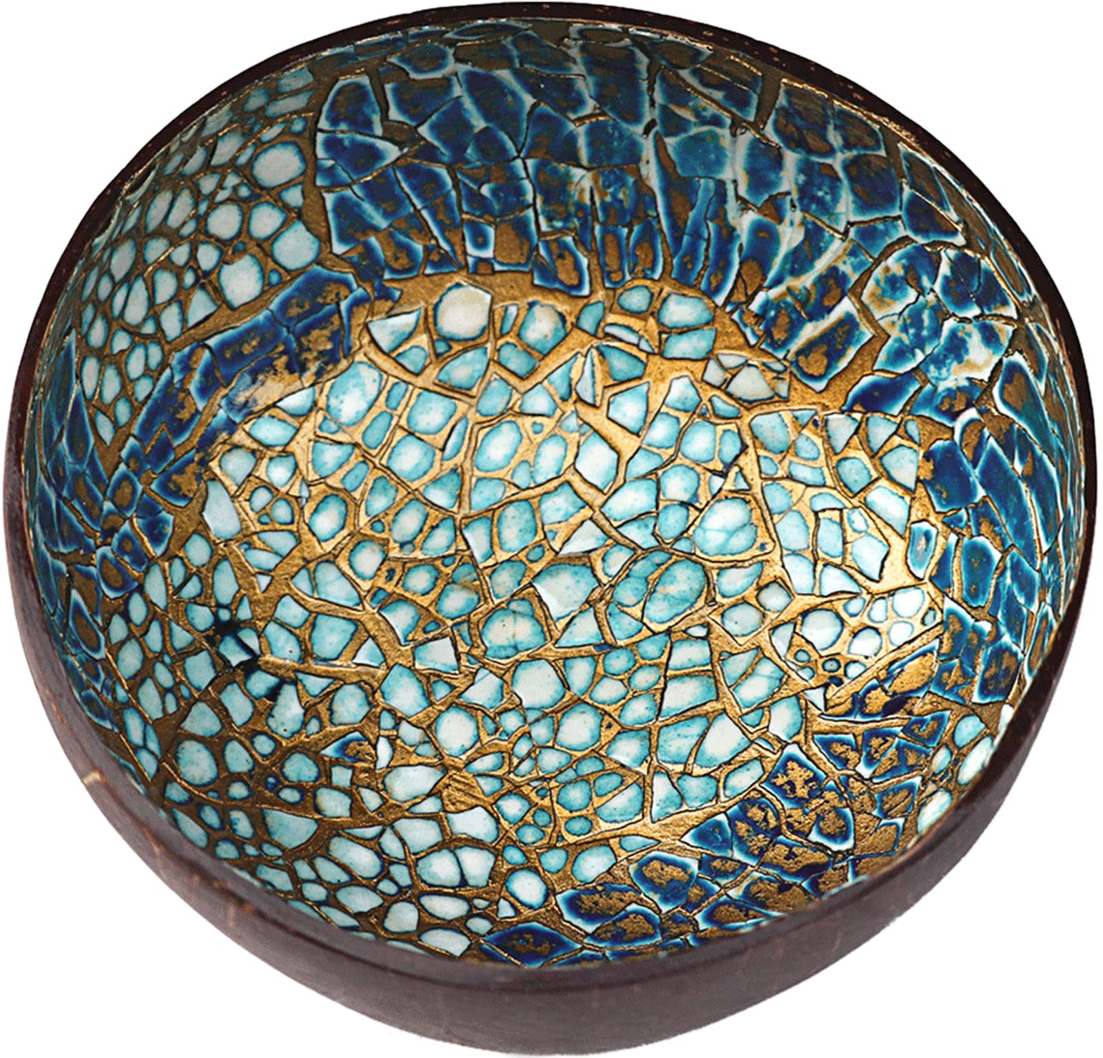 ChezMax Natural Coconut Bowl with Mother of Pearl Inlays - Key Bowl & Fruit Snack Holder (Blue-Gold)