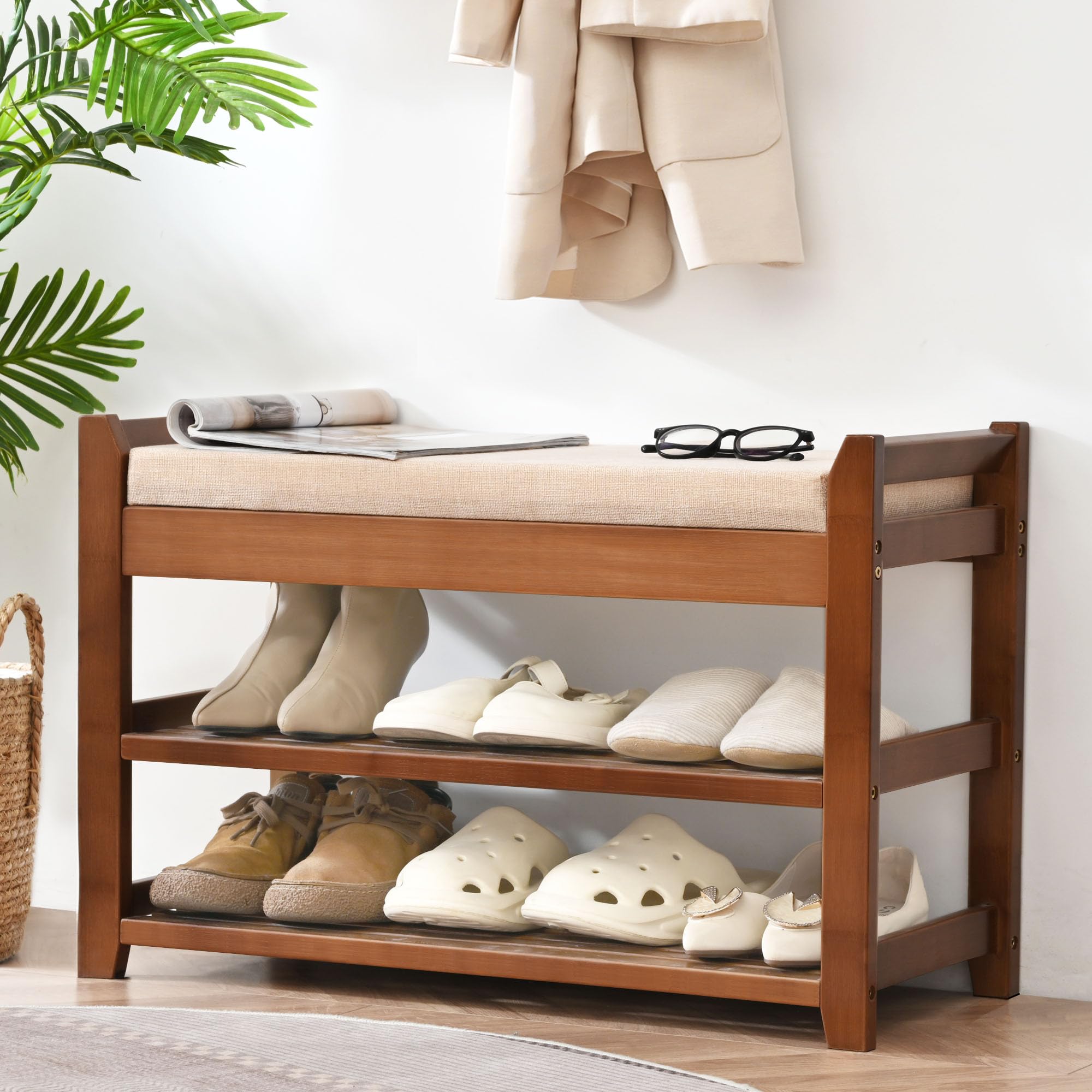 PETKABOO Shoe Rack for Front Door Entrance, 28” Entryway Bench with Coat Rack, Hall Tree Shoe Bench with Storage for Entry, Hallway, Bedroom, Living Room