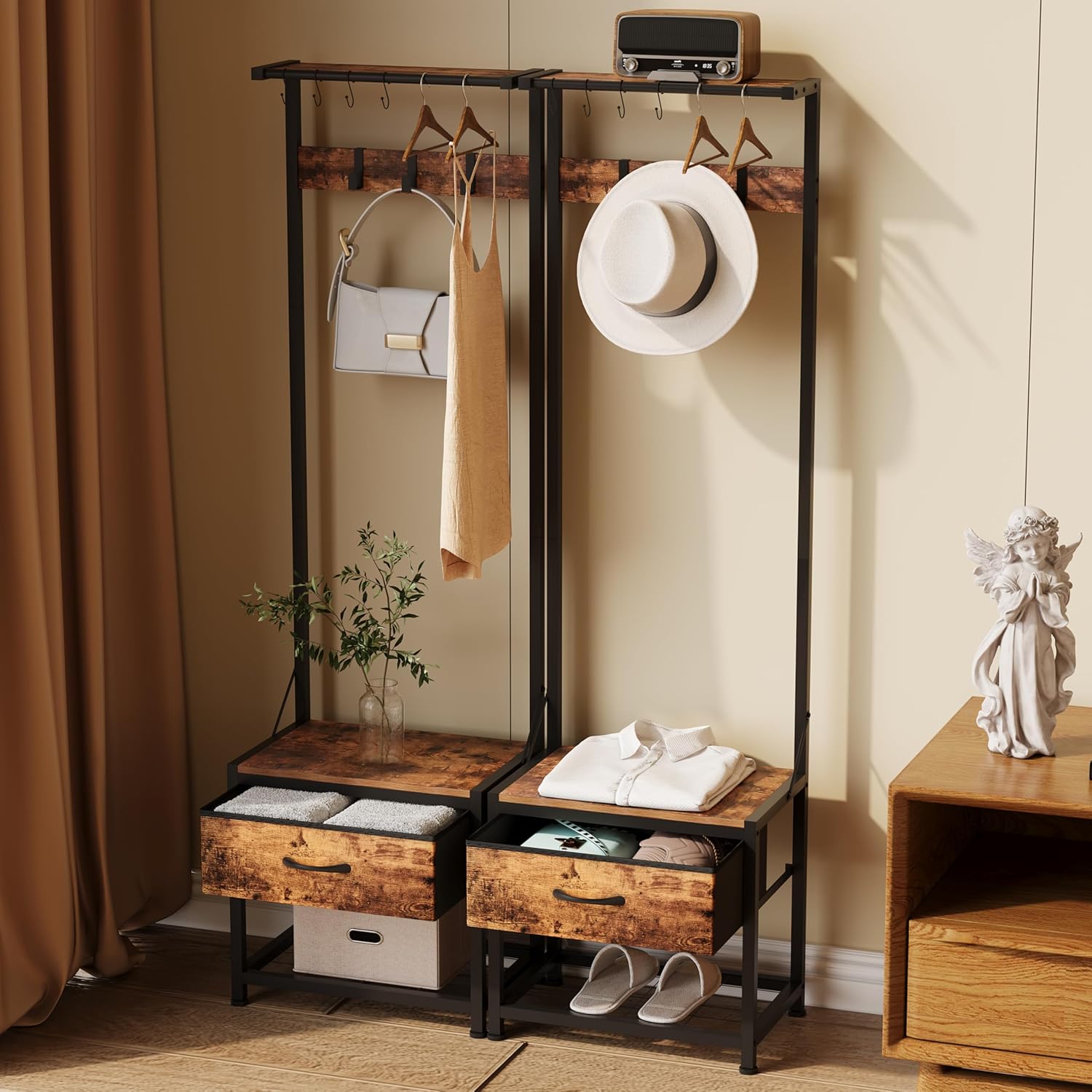 LUMTOK Hall Tree with Shoes Bench, Small Coat Rack with Fabirc Drawer and Shelf for Bedroom, 4-in-1 Entryway Organizer with Shoes Stool for Living Room, Entryway, Closets (Rustic Brown) (Brown, Small)