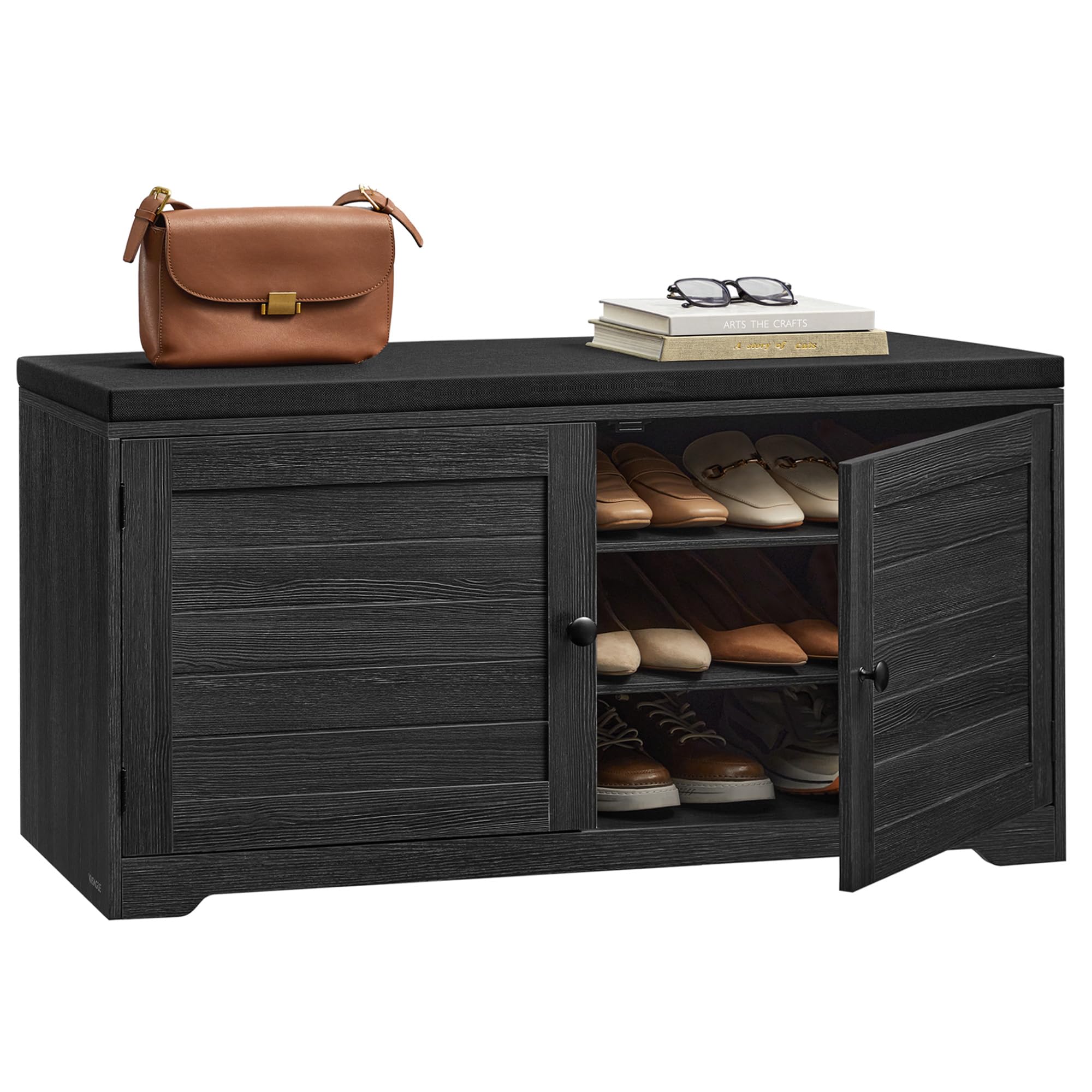 VASAGLE Shoe Storage Bench with Cushion, 3-Tier Entryway Bench with Padded Seat, Doors, Adjustable Shelves, 14 x 39.8 x 20.7 Inches, Hallway, Bedroom, Heather Greige and Cappuccino Beige ULSB044L01