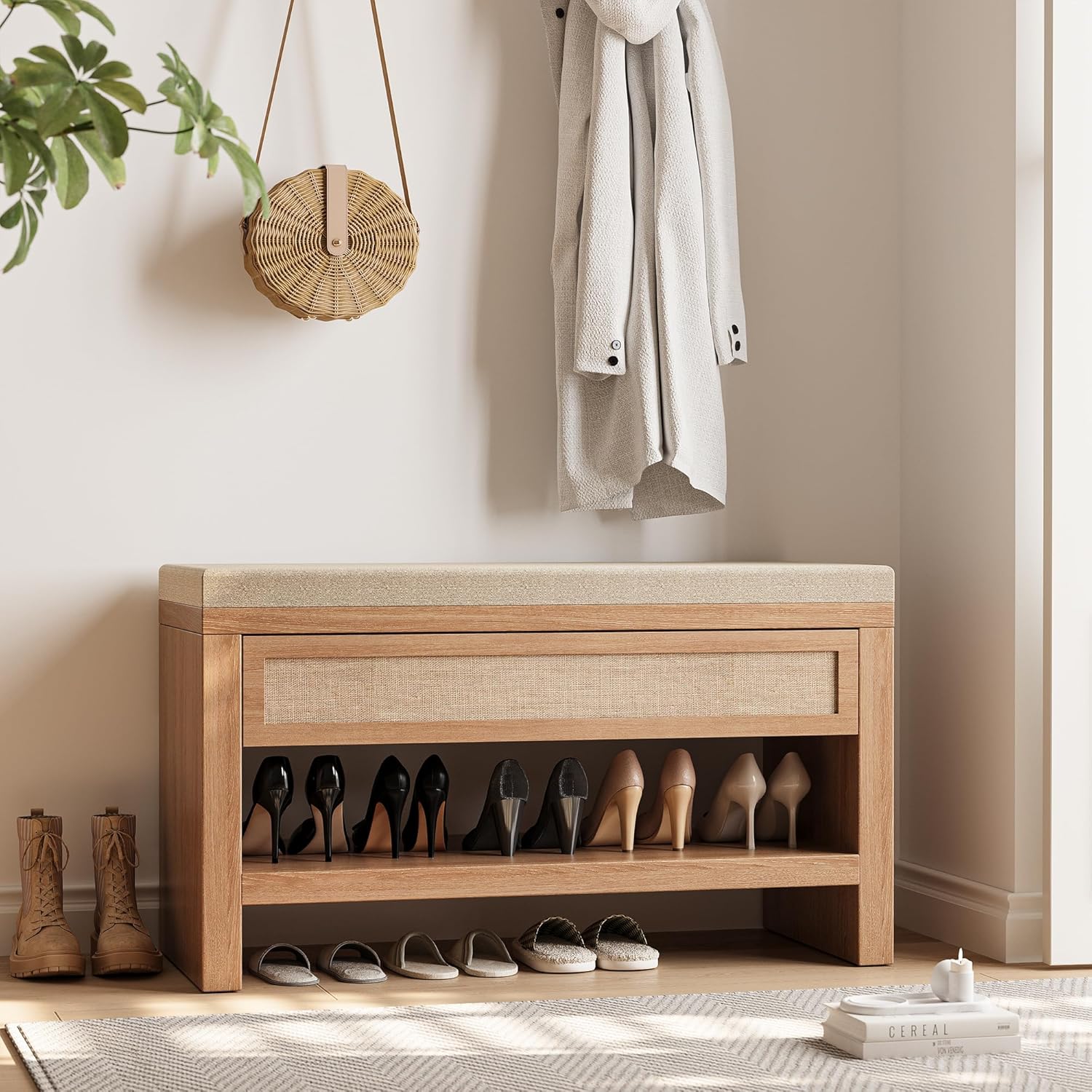 32” Shoe Bench with Storage Drawer, Farmhouse Entryway Bench with Linen Seat Cushion, Wooden Shoe Rack with Shelf for Entryway Hallway Living Room Bedroom, Oak