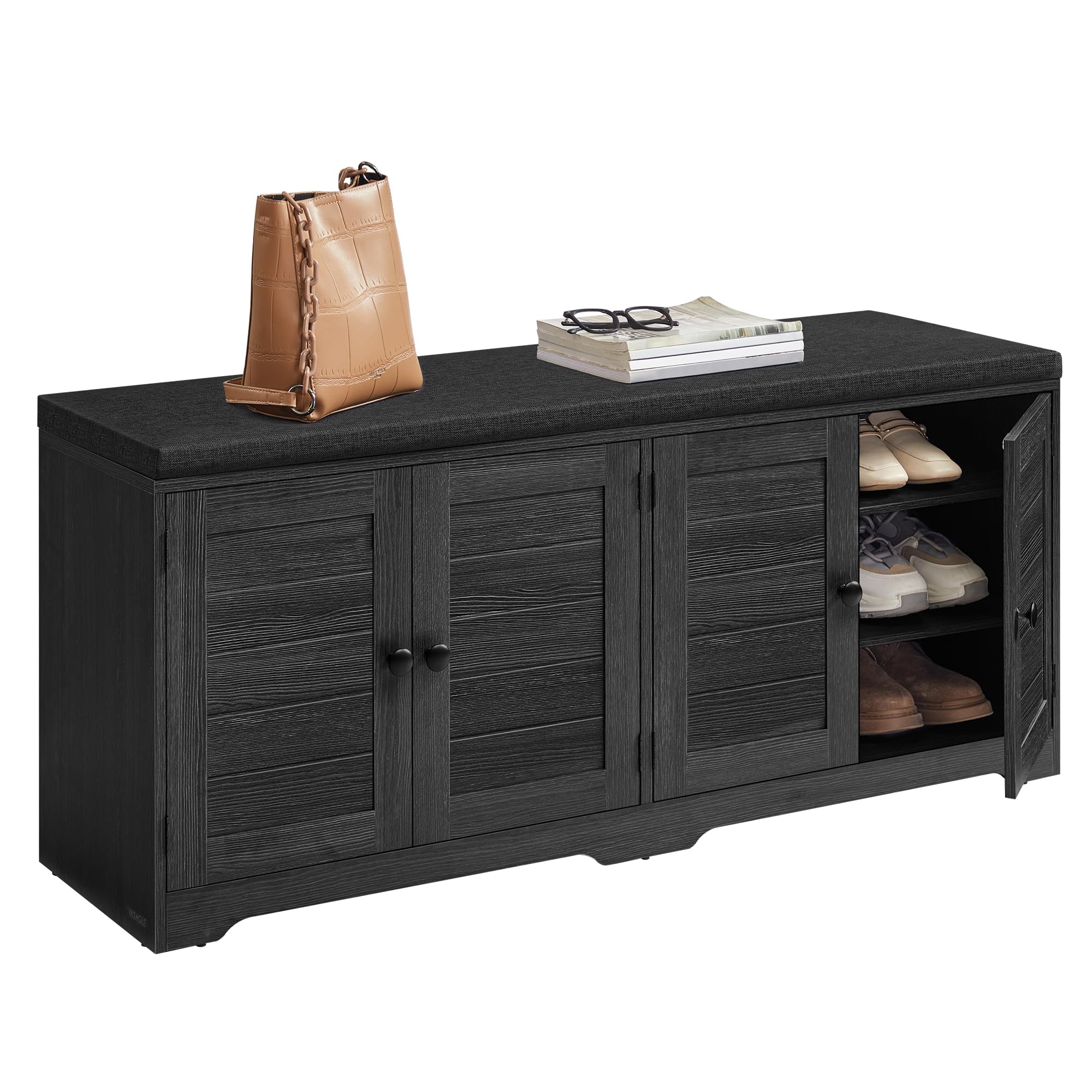 VASAGLE Shoe Storage Bench with Cushion, 3-Tier Entryway Bench with Padded Seat, Doors, Adjustable Shelves, 14 x 39.8 x 20.7 Inches, Hallway, Bedroom, Heather Greige and Cappuccino Beige ULSB044L01