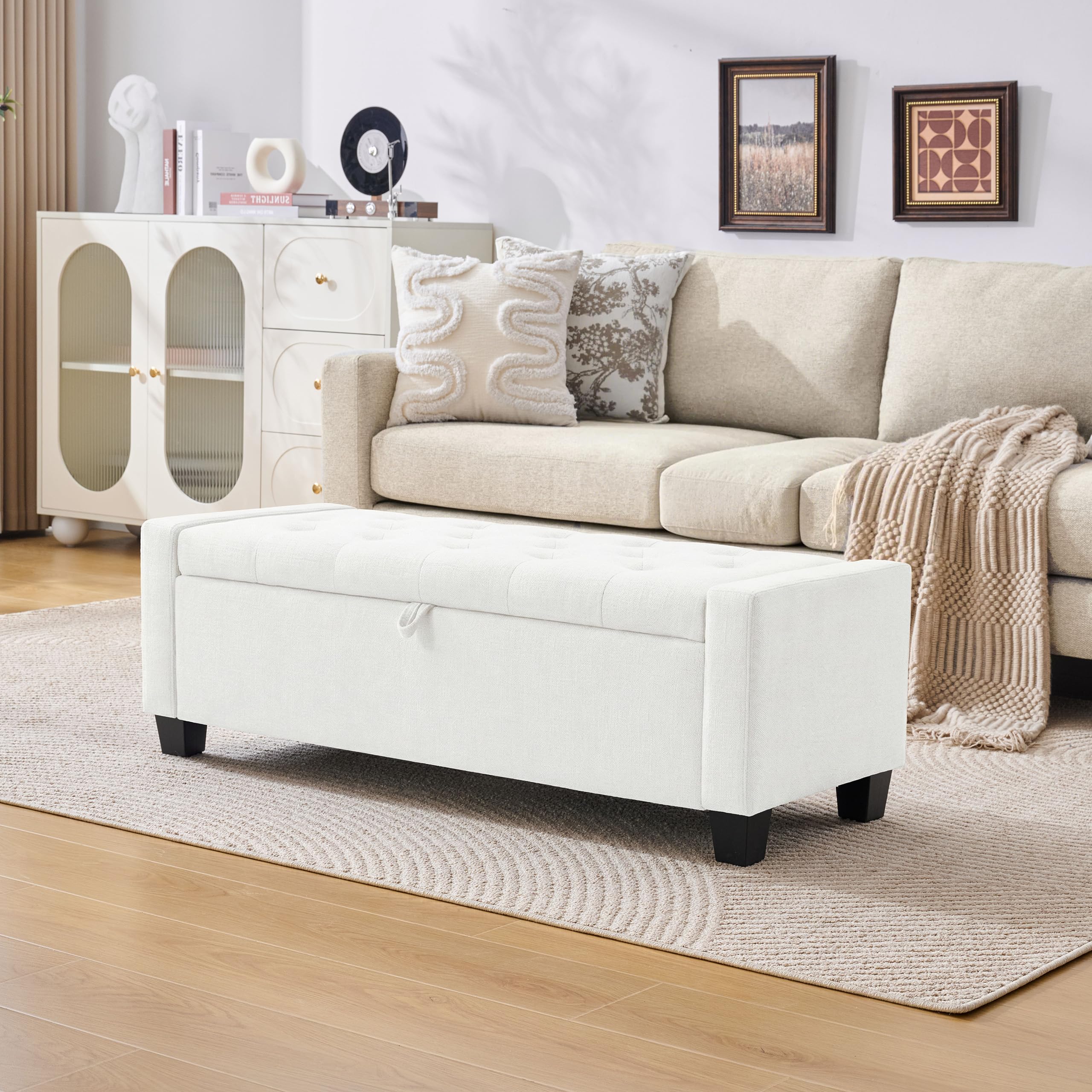 Huatean Home 48" Ottoman with Storage, Storage Ottoman Bench with Safety Hinge, Upholstered Entryway Bench with Seating for Bedroom, Living Room, Holds up to 330 lb, Beige