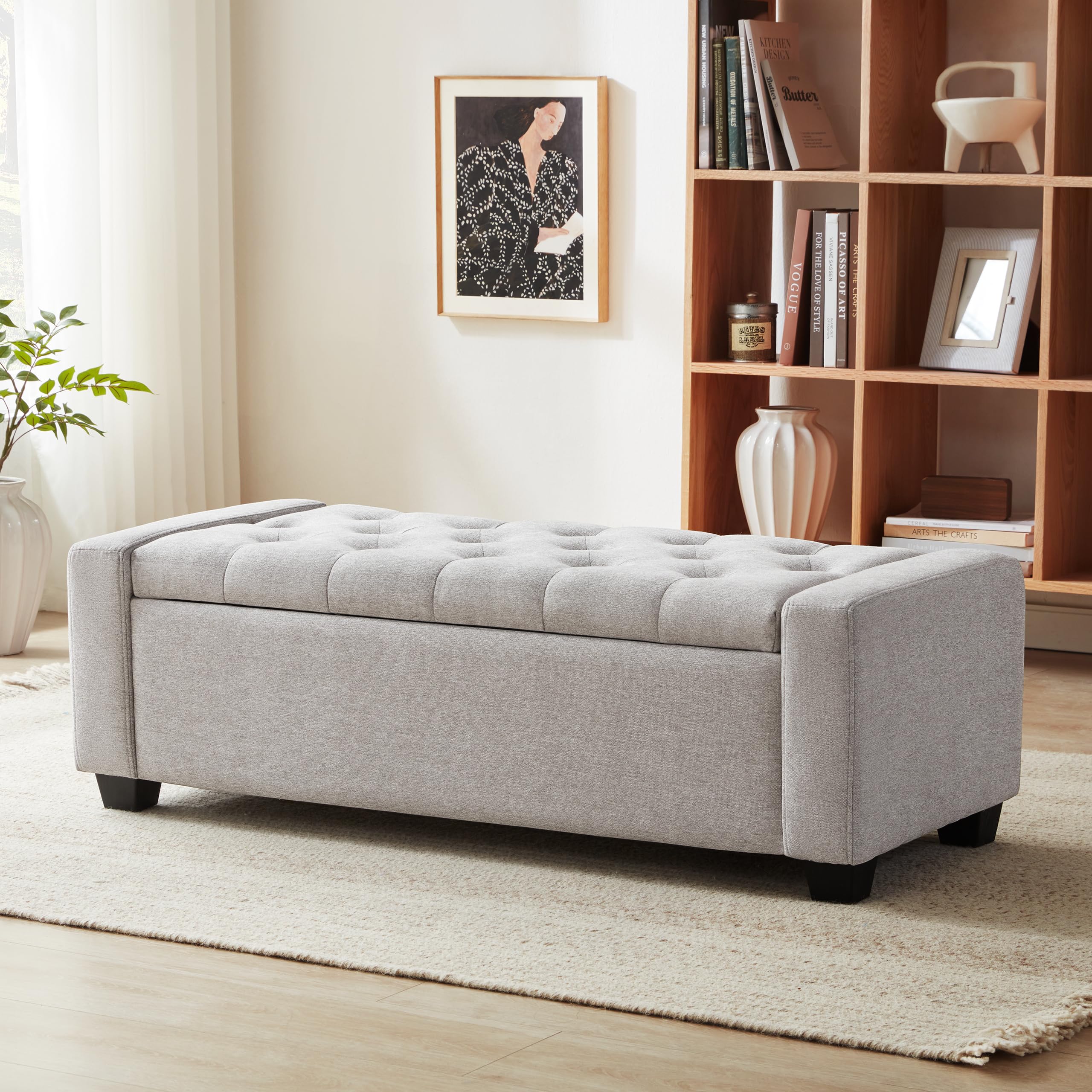 Huatean Home 48" Ottoman with Storage, Storage Ottoman Bench with Safety Hinge, Upholstered Entryway Bench with Seating for Bedroom, Living Room, Holds up to 330 lb, Beige