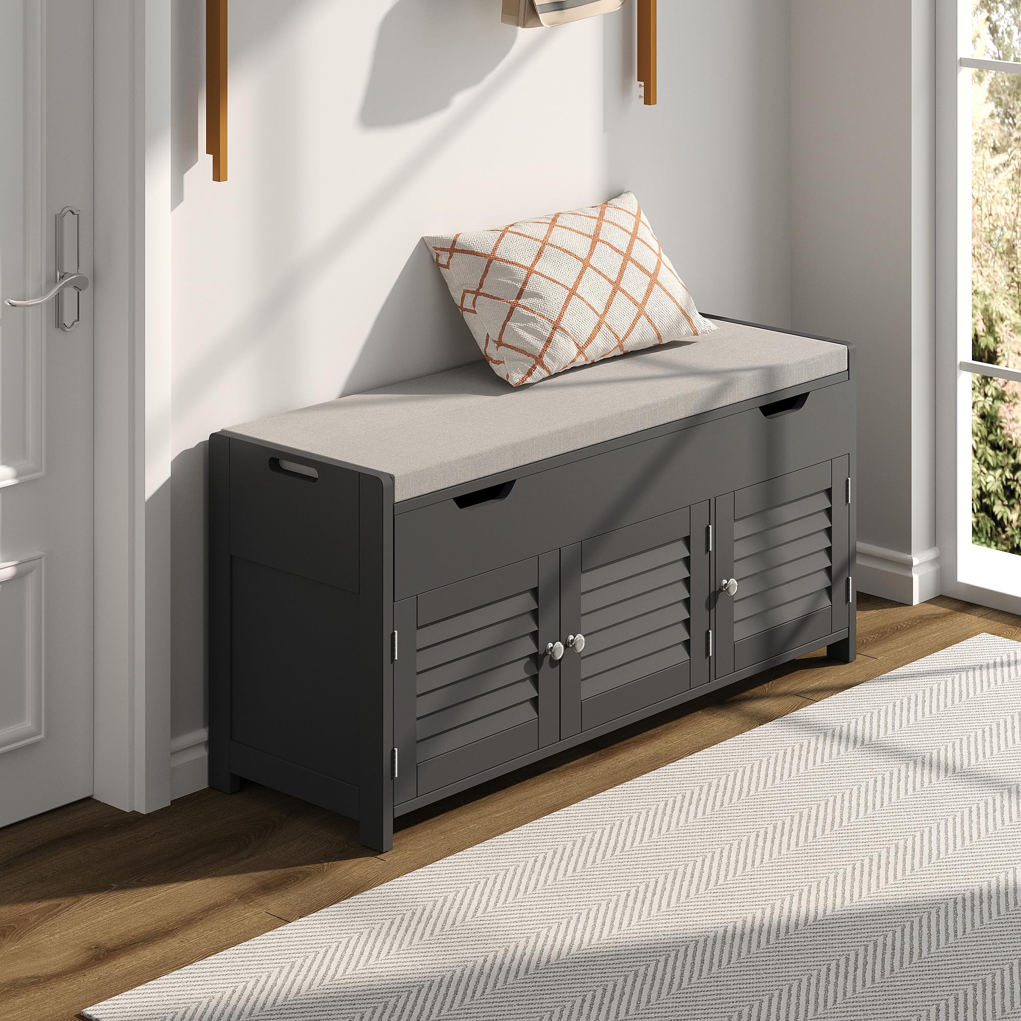 ChooChoo Shoe Storage Bench with Lift Top Storage, Entryway Bench with 2 Cushioned Seats, 3 Compartments, Adjustable Shelf, Shoe Cabinet for Entryway, Bedroom, Living Room, White