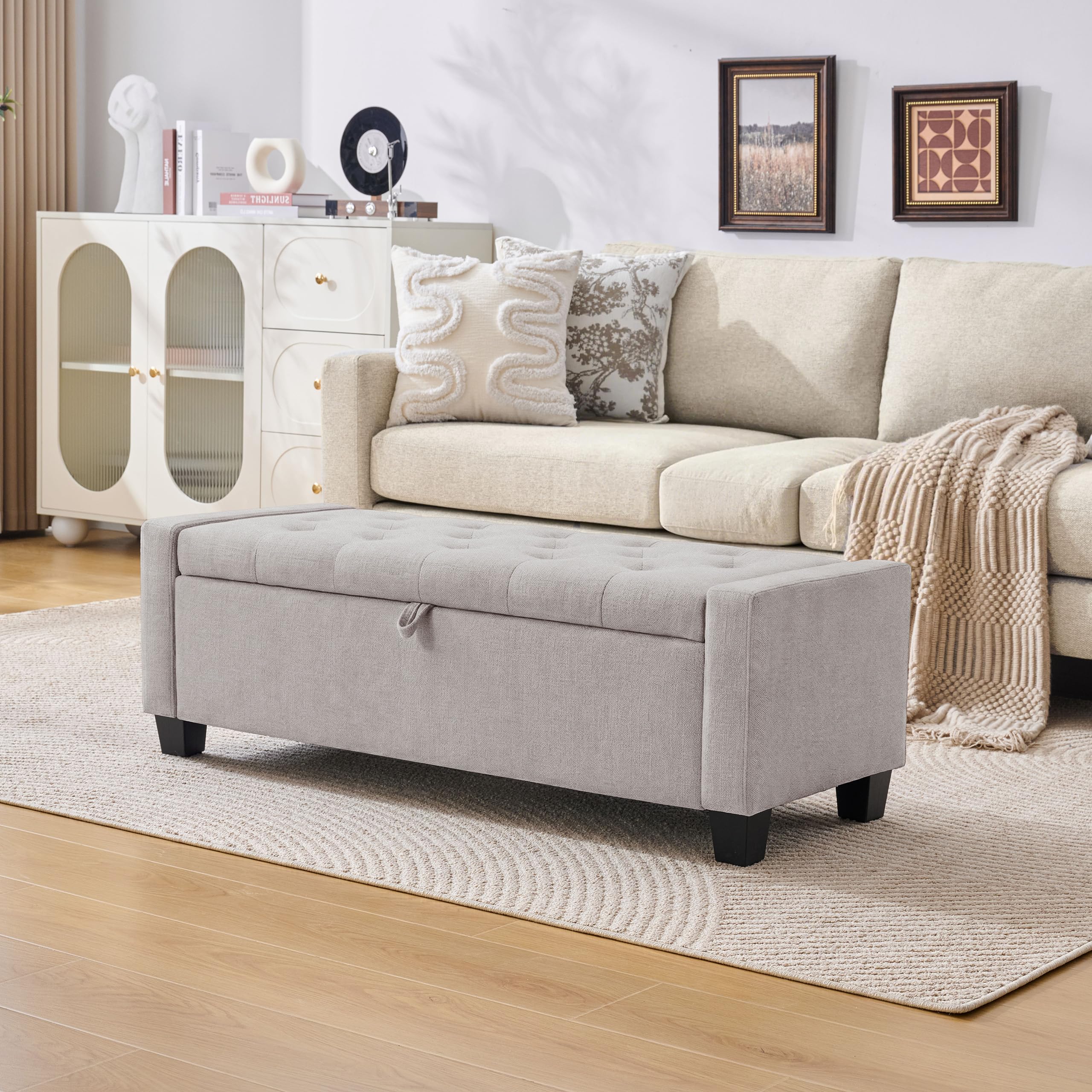 Huatean Home 48" Ottoman with Storage, Storage Ottoman Bench with Safety Hinge, Upholstered Entryway Bench with Seating for Bedroom, Living Room, Holds up to 330 lb, Beige