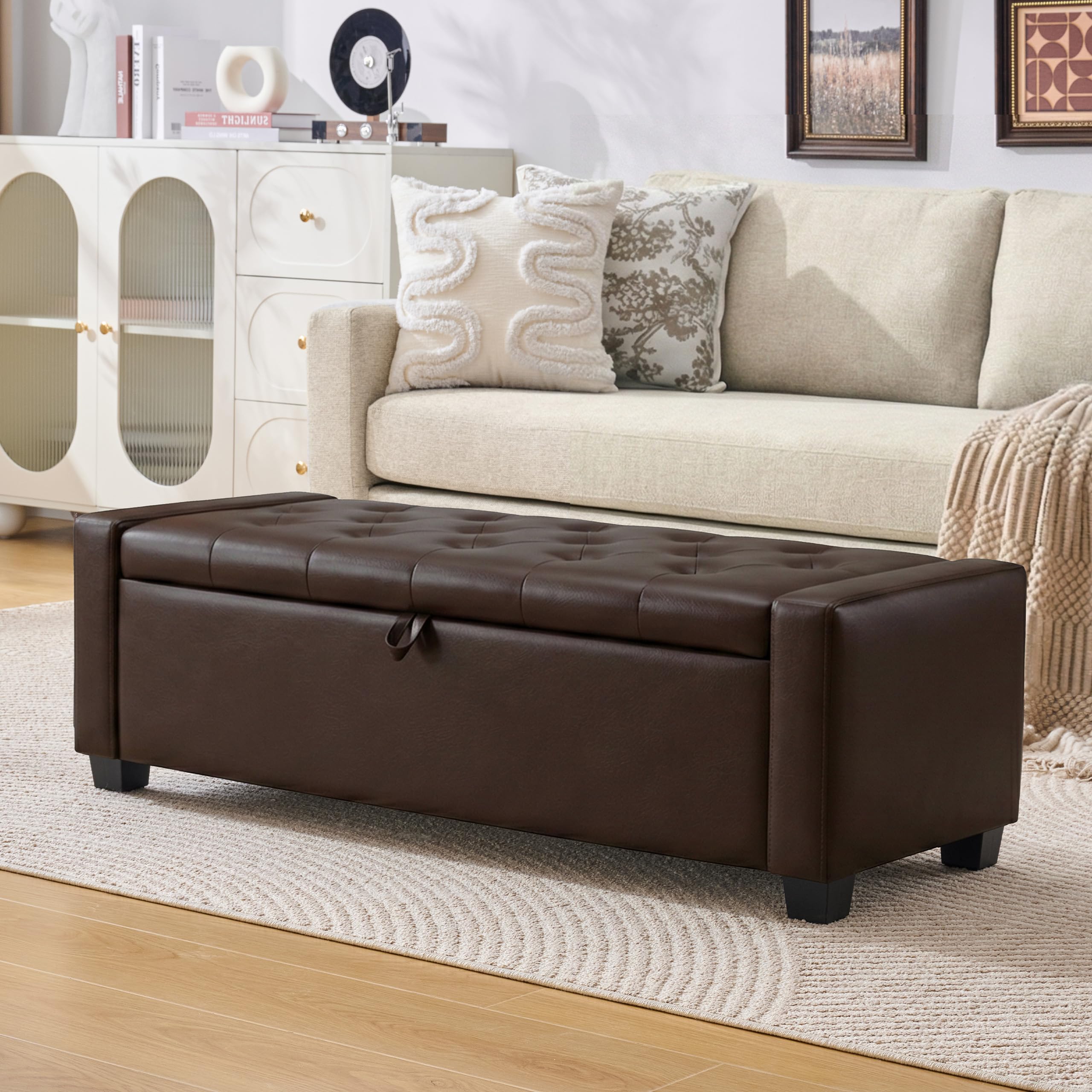 Huatean Home 48" Ottoman with Storage, Storage Ottoman Bench with Safety Hinge, Upholstered Entryway Bench with Seating for Bedroom, Living Room, Holds up to 330 lb, Beige