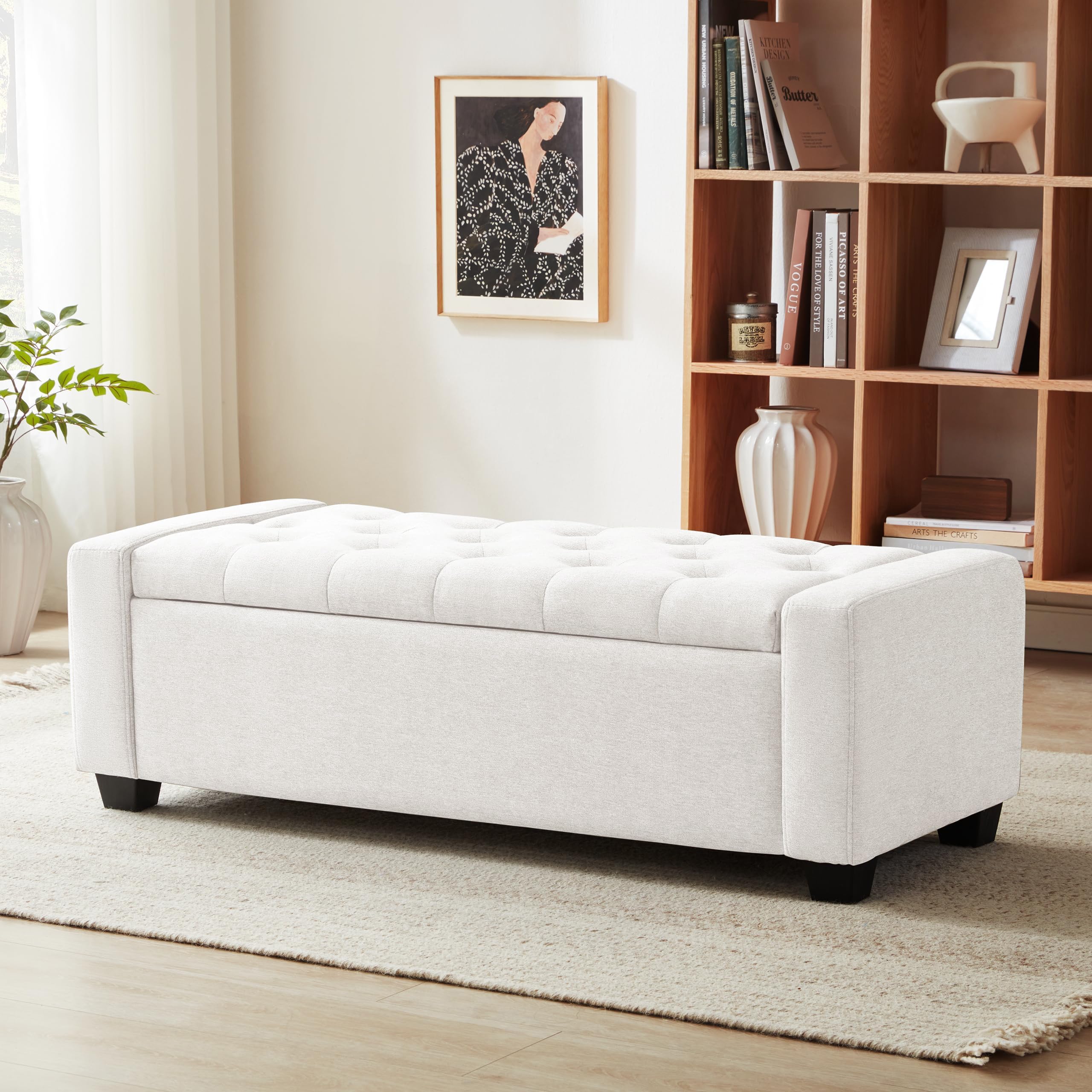 Huatean Home 48" Ottoman with Storage, Storage Ottoman Bench with Safety Hinge, Upholstered Entryway Bench with Seating for Bedroom, Living Room, Holds up to 330 lb, Beige