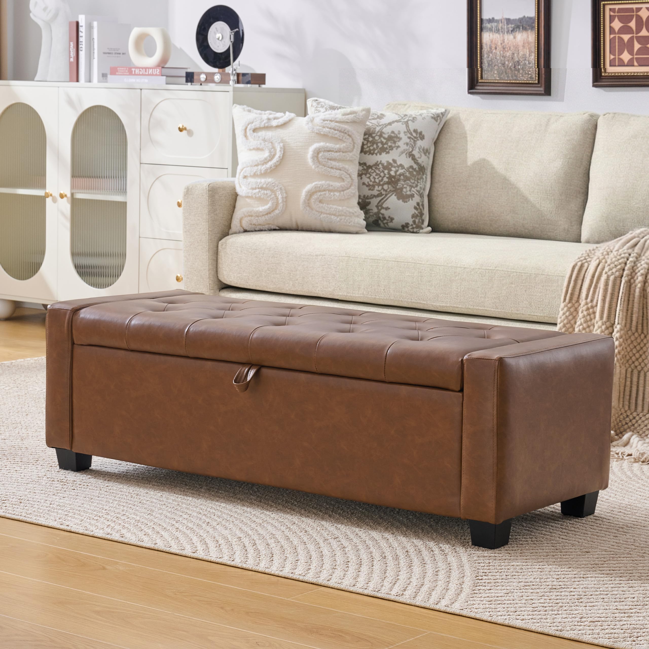 Huatean Home 48" Ottoman with Storage, Storage Ottoman Bench with Safety Hinge, Upholstered Entryway Bench with Seating for Bedroom, Living Room, Holds up to 330 lb, Beige