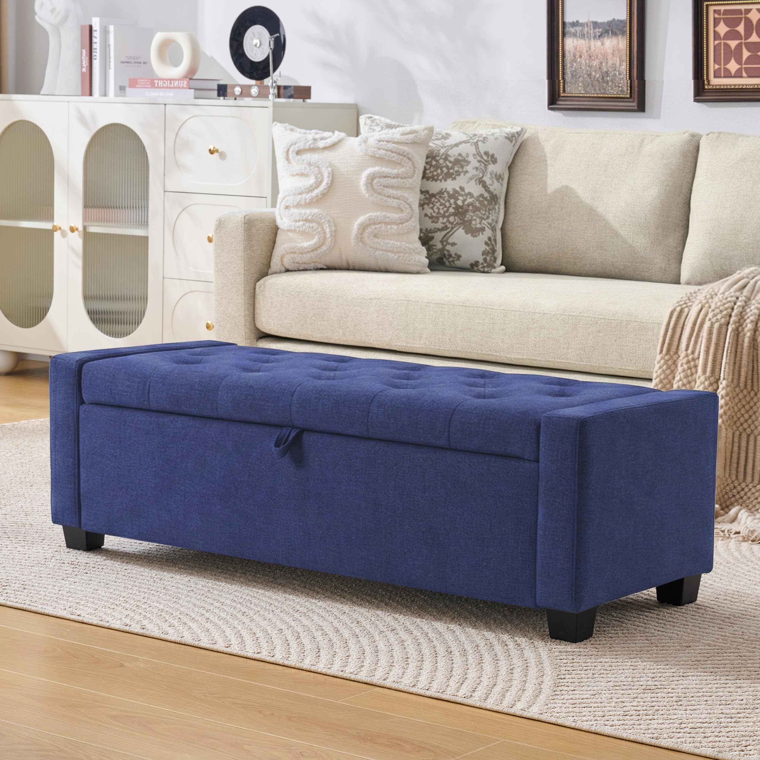 Huatean Home 48" Ottoman with Storage, Storage Ottoman Bench with Safety Hinge, Upholstered Entryway Bench with Seating for Bedroom, Living Room, Holds up to 330 lb, Beige