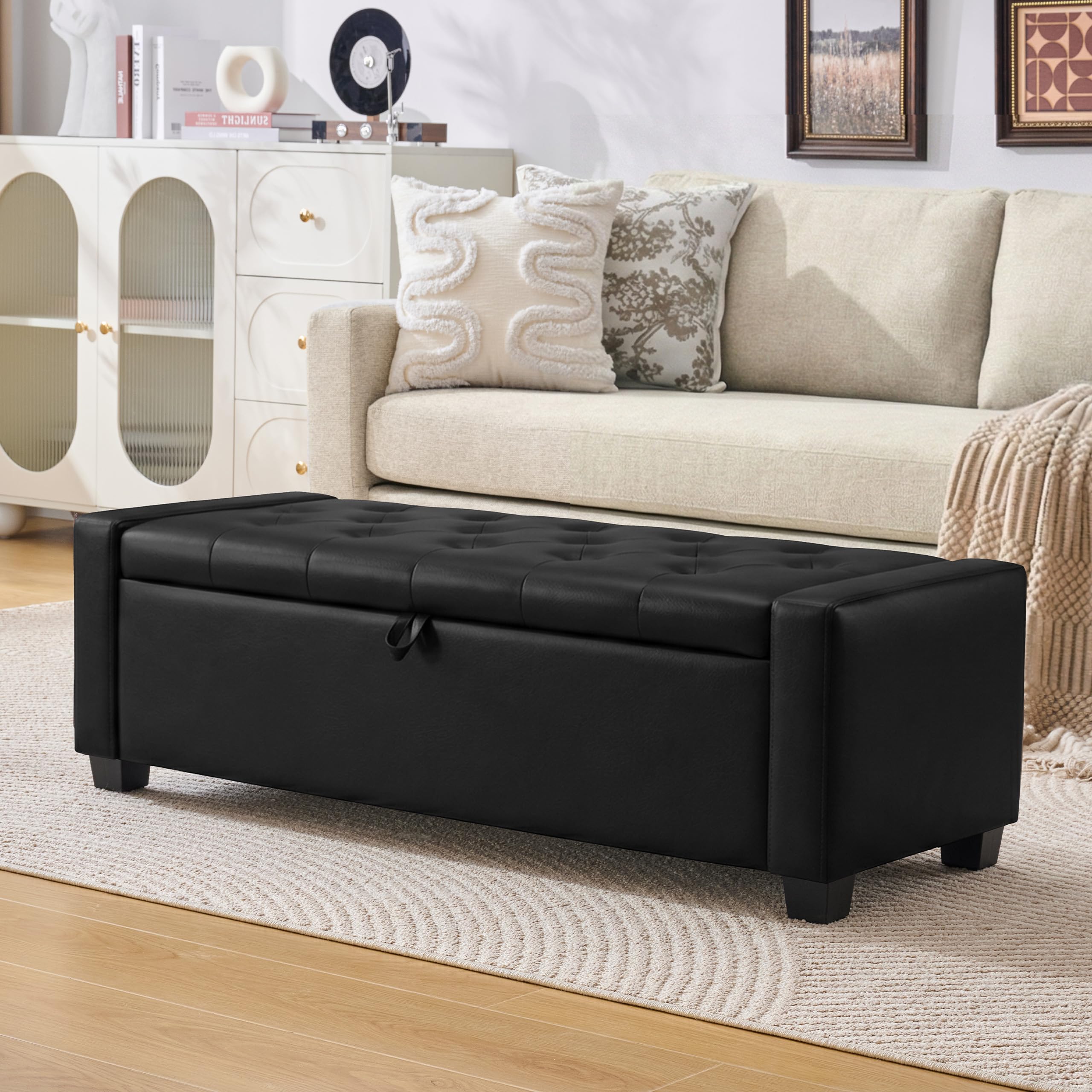 Huatean Home 48" Ottoman with Storage, Storage Ottoman Bench with Safety Hinge, Upholstered Entryway Bench with Seating for Bedroom, Living Room, Holds up to 330 lb, Beige