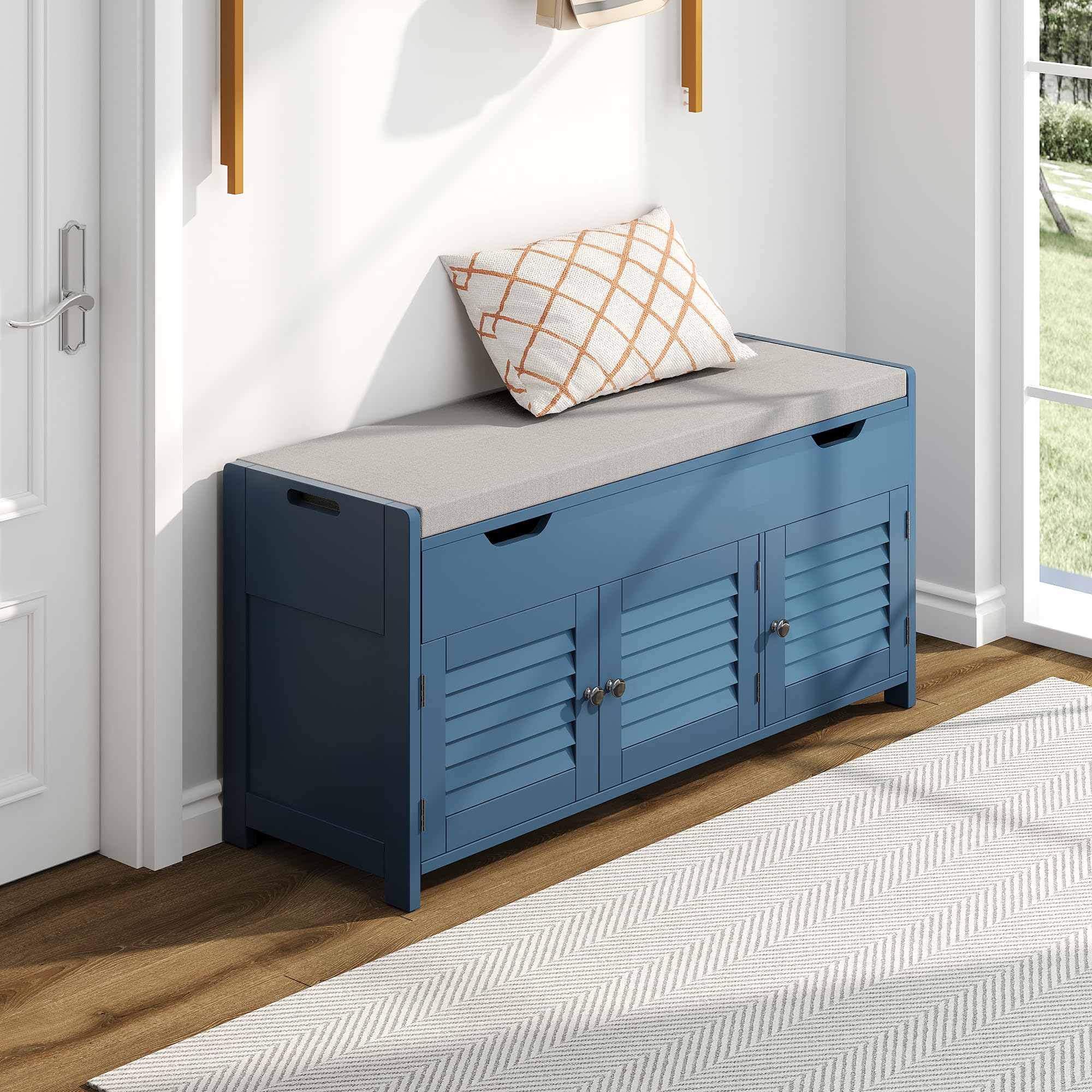 ChooChoo Shoe Storage Bench with Lift Top Storage, Entryway Bench with 2 Cushioned Seats, 3 Compartments, Adjustable Shelf, Shoe Cabinet for Entryway, Bedroom, Living Room, White
