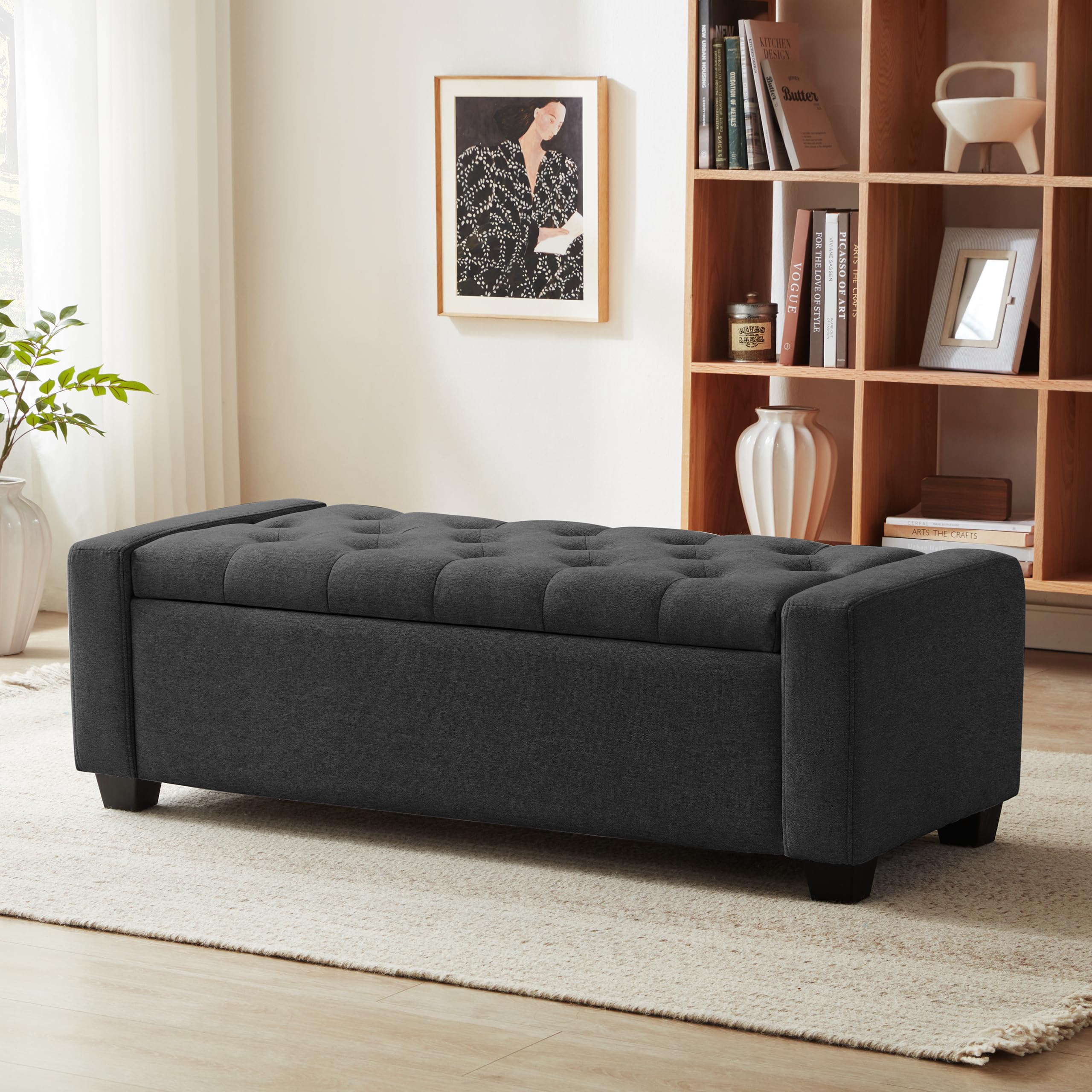 Huatean Home 48" Ottoman with Storage, Storage Ottoman Bench with Safety Hinge, Upholstered Entryway Bench with Seating for Bedroom, Living Room, Holds up to 330 lb, Beige
