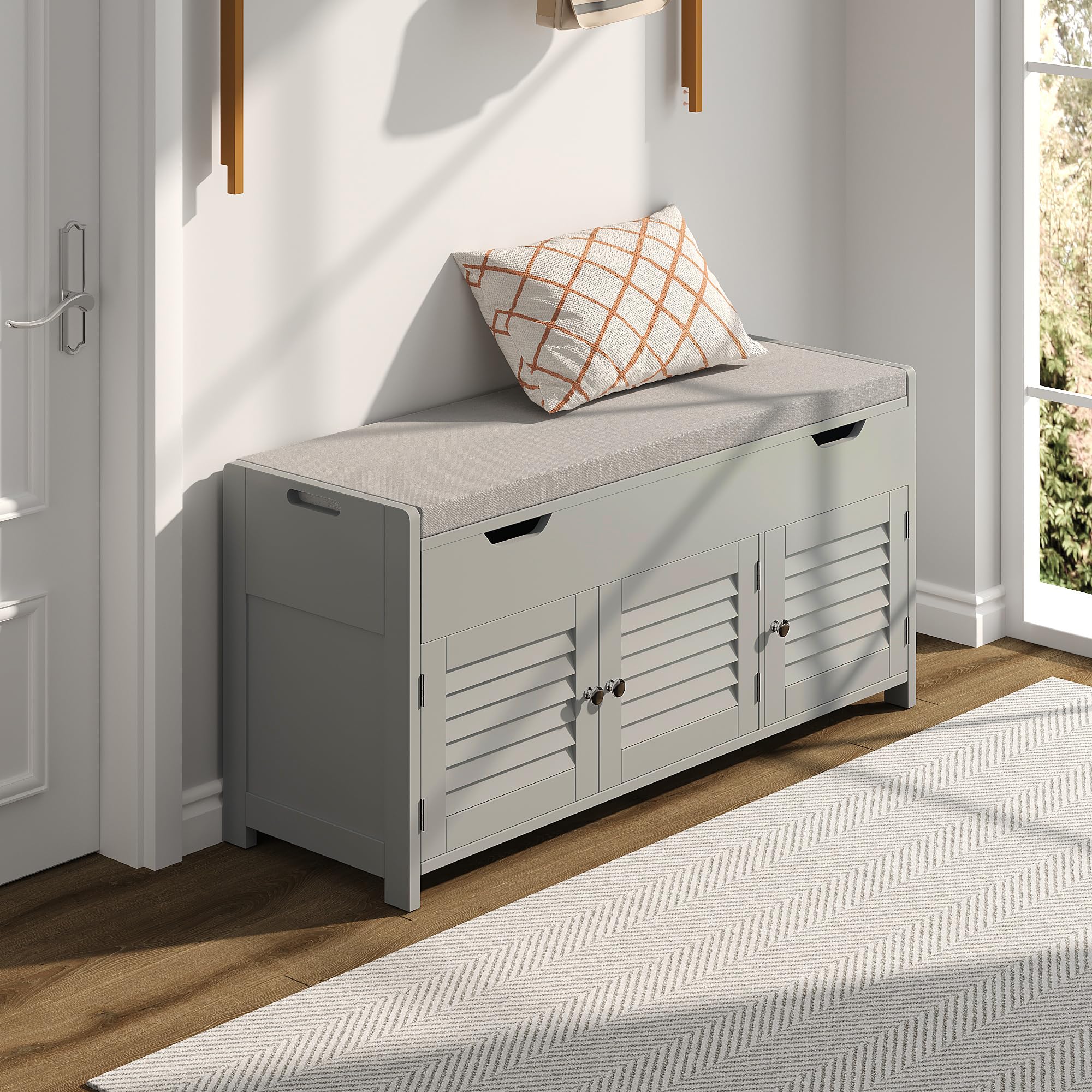 ChooChoo Shoe Storage Bench with Lift Top Storage, Entryway Bench with 2 Cushioned Seats, 3 Compartments, Adjustable Shelf, Shoe Cabinet for Entryway, Bedroom, Living Room, White