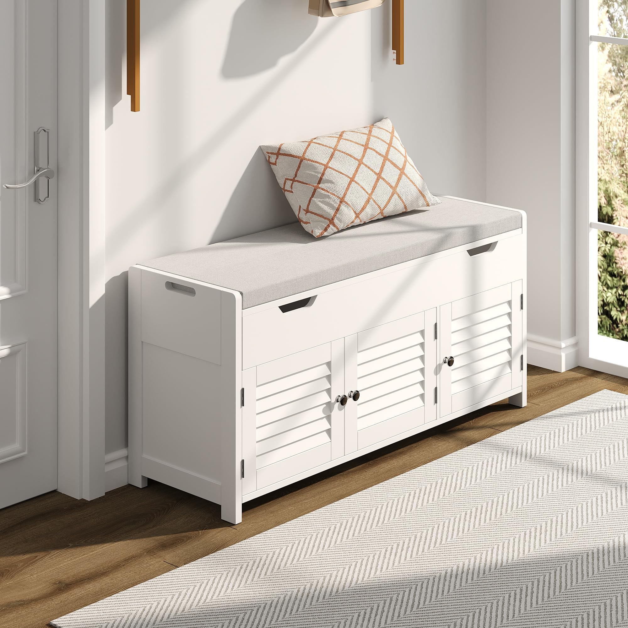 ChooChoo Shoe Storage Bench with Lift Top Storage, Entryway Bench with 2 Cushioned Seats, 3 Compartments, Adjustable Shelf, Shoe Cabinet for Entryway, Bedroom, Living Room, White