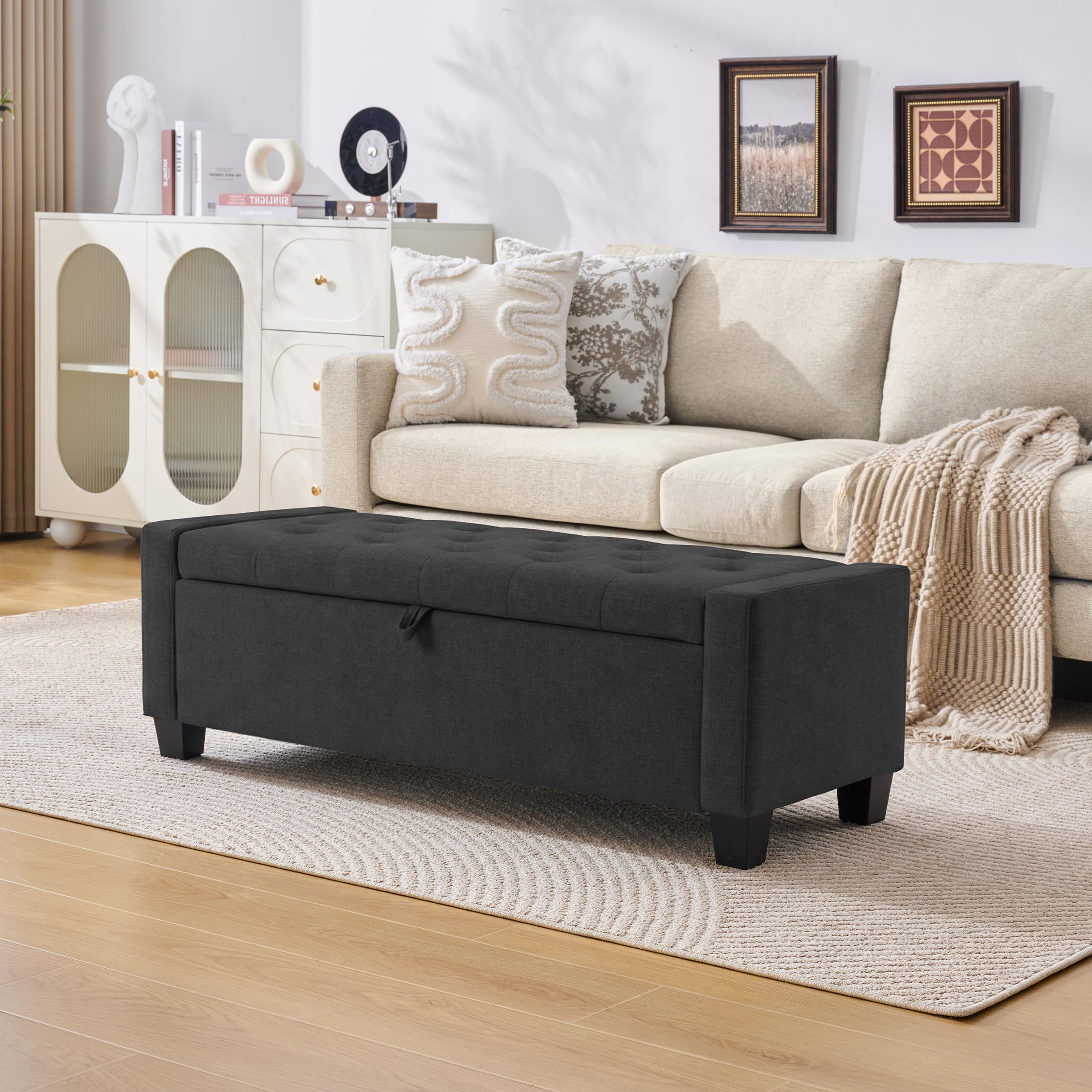 Huatean Home 48" Ottoman with Storage, Storage Ottoman Bench with Safety Hinge, Upholstered Entryway Bench with Seating for Bedroom, Living Room, Holds up to 330 lb, Beige