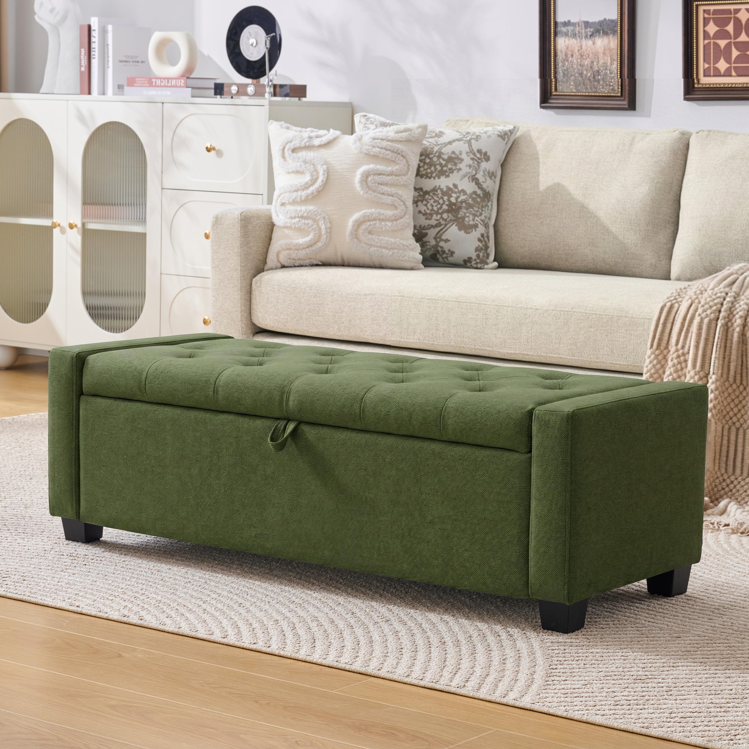 Huatean Home 48" Ottoman with Storage, Storage Ottoman Bench with Safety Hinge, Upholstered Entryway Bench with Seating for Bedroom, Living Room, Holds up to 330 lb, Beige